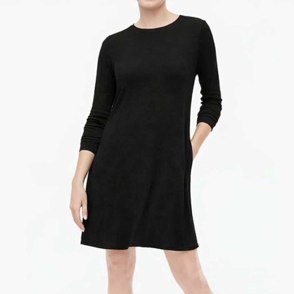 NWT J.Crew Black Swingy Long Sleeve Dress (M) Soft Modal Trapeze T-Shirt Pockets